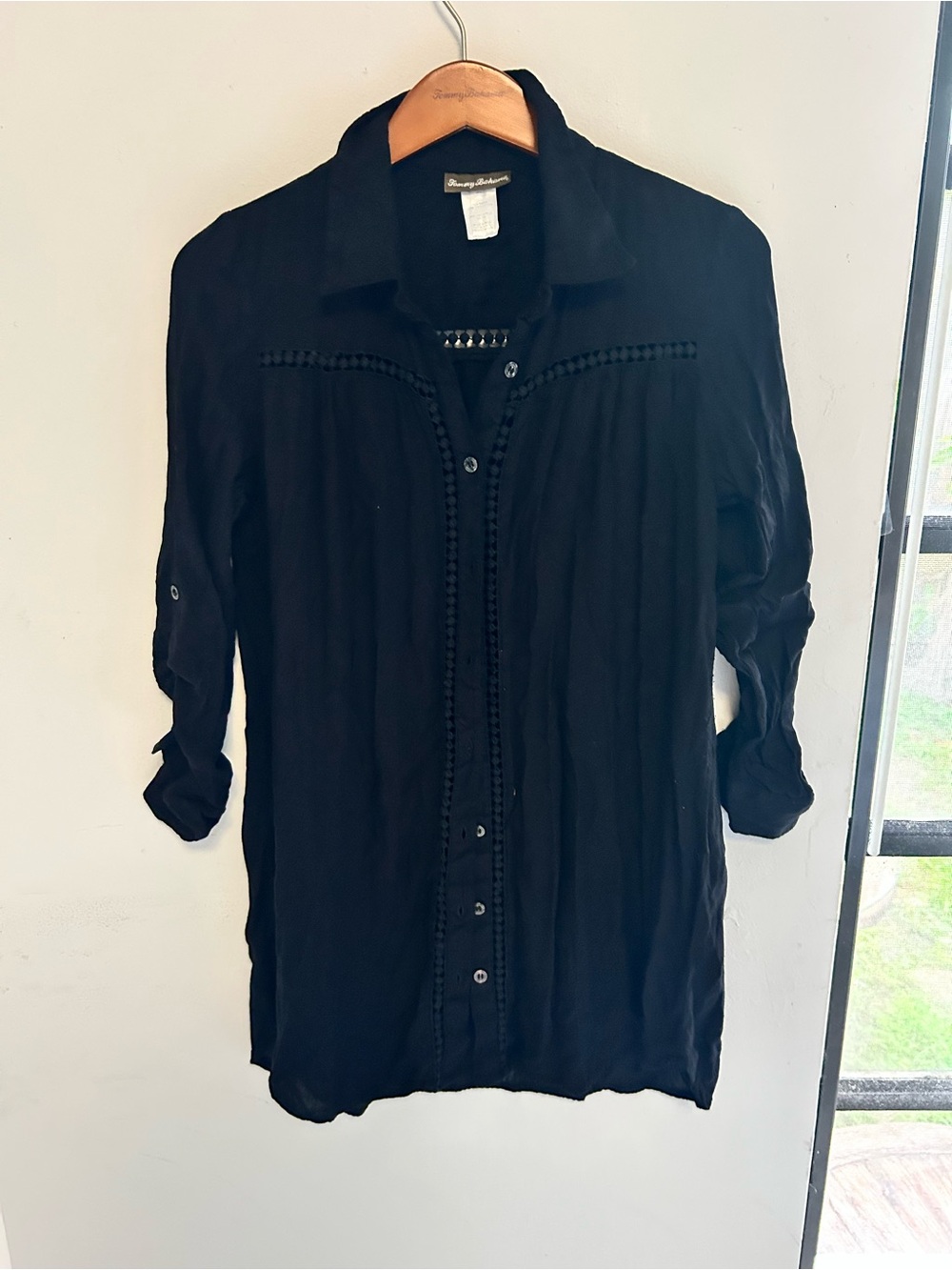 Tommy Bahama Black Button-Down Women's Shirt with Roll-Tab Sleeves